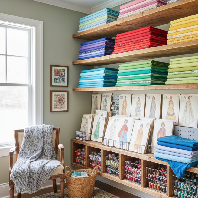 A collection of essential sewing accessories, including a cutting mat, rotary cutter, fabric scissors, measuring tools, pins, clips, thread, and sewing machine accessories arranged on a sewing workspace.