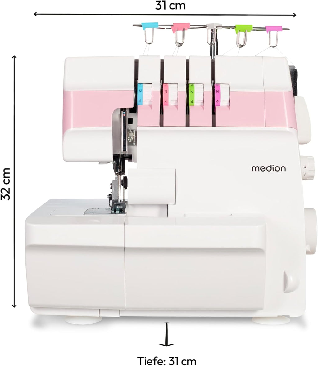 MEDION Overlock Sewing Machine SO90 (Electric, 90 Watt, LED Light, with One Operation Cut, Extensive Accessories, MD19169) Pink