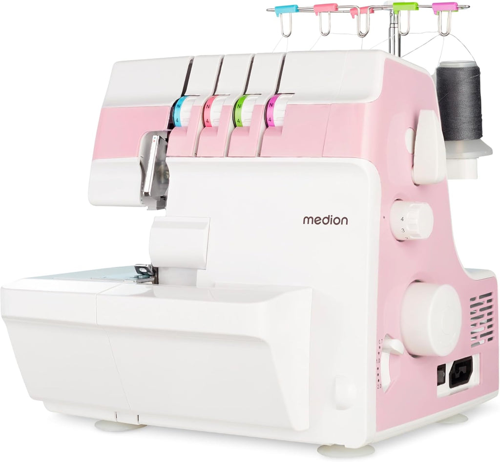 MEDION Overlock Sewing Machine SO90 (Electric, 90 Watt, LED Light, with One Operation Cut, Extensive Accessories, MD19169) Pink