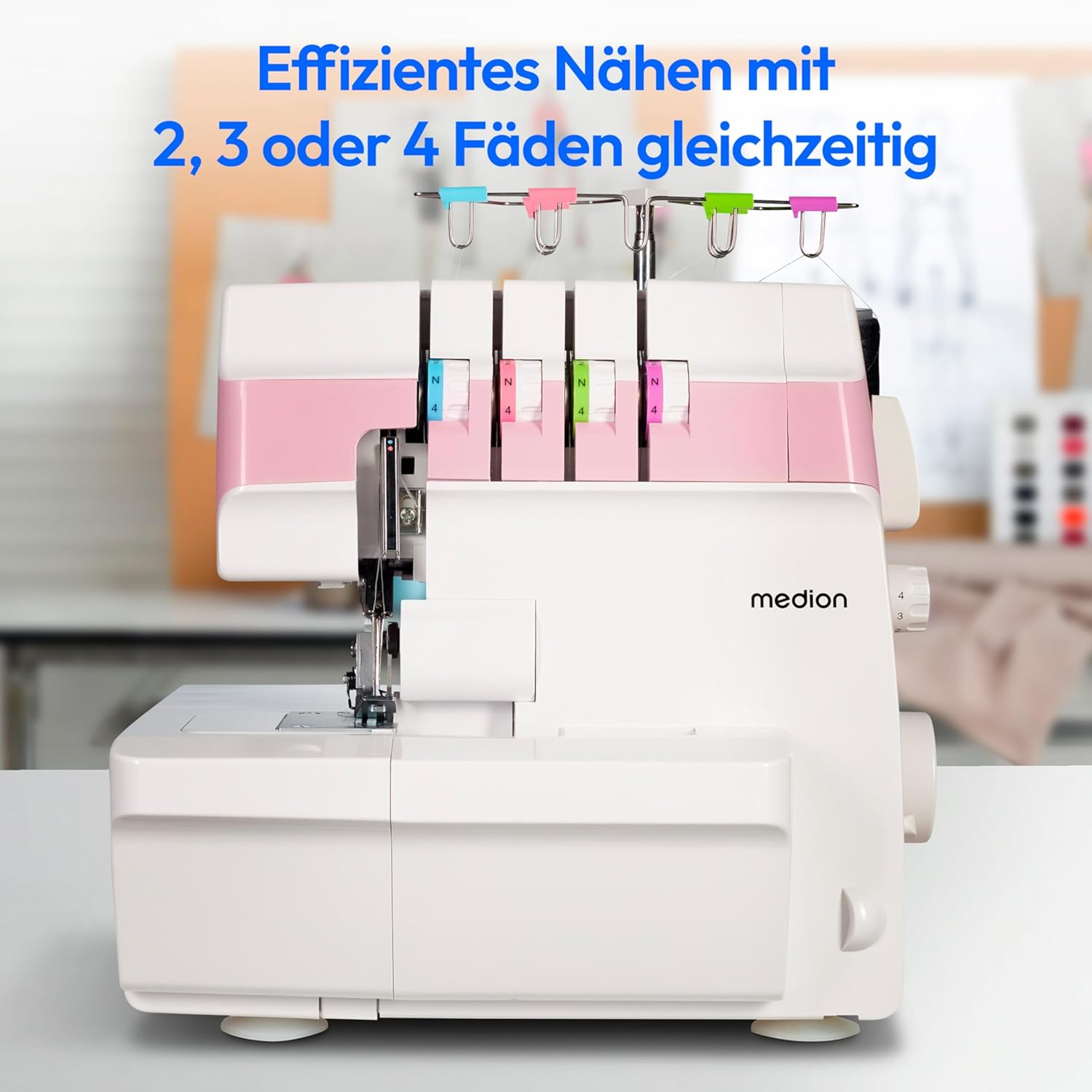 MEDION Overlock Sewing Machine SO90 (Electric, 90 Watt, LED Light, with One Operation Cut, Extensive Accessories, MD19169) Pink