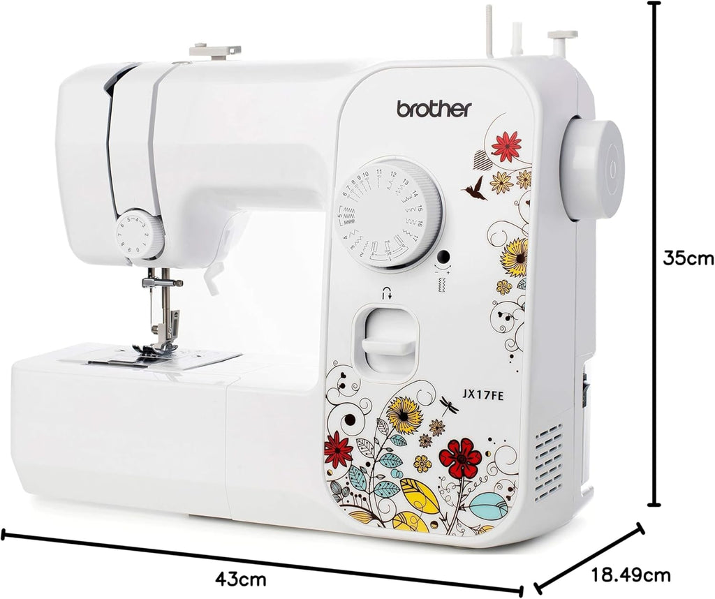 Brother JX17FE Sewing Machine for Beginners with 17 Sewing Programmes, Free Arm, Electric Sewing Machines, Suitable for Jeans, Household Clothing Repairs, Automatic Threader