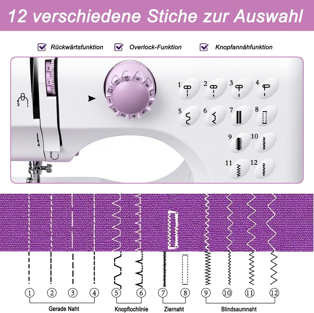 Nähmaschine Anfänger mit 12 Stichmustern Nähzubehör-Set Nähmaschine Elektrisch mit 42 Teilen Zubehör, leicht zu tragen für DIY & Handwerk – für Kinder und Erwachsene (Lila