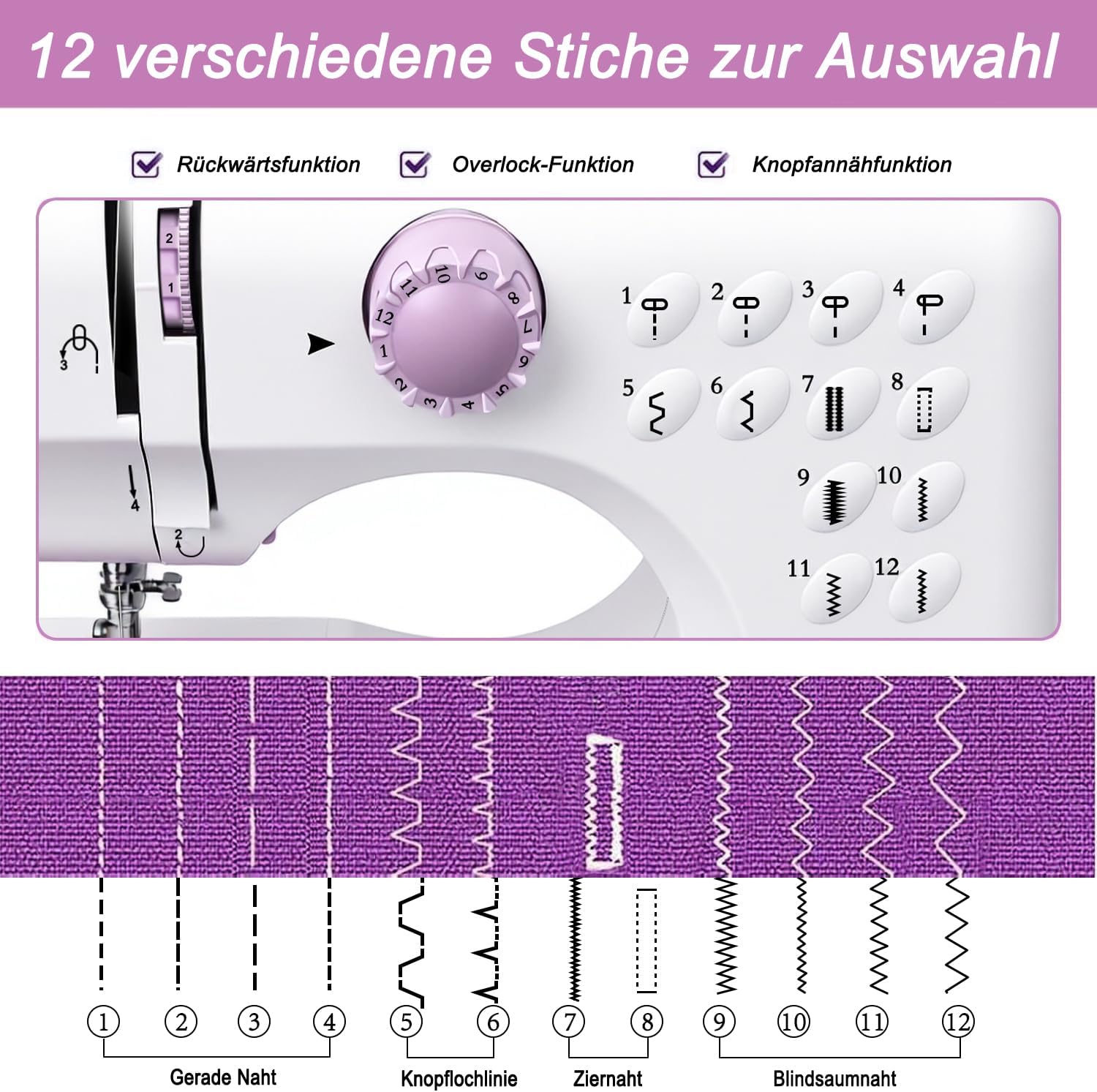 Nähmaschine Anfänger mit 12 Stichmustern Nähzubehör-Set Nähmaschine Elektrisch mit 42 Teilen Zubehör, leicht zu tragen für DIY & Handwerk – für Kinder und Erwachsene (Lila