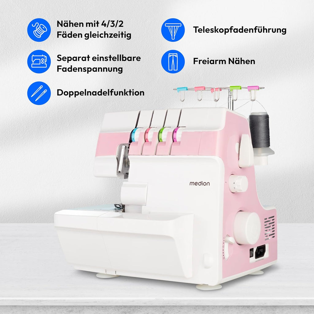 MEDION Overlock Sewing Machine SO90 (Electric, 90 Watt, LED Light, with One Operation Cut, Extensive Accessories, MD19169) Pink