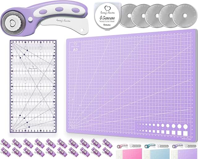 A1 Sewing Cutting Mat, Size A1 Sewing kit Heaven 45 mm Rotary Cutter Fabric Cutter Set Including Cutting Mat, Replacement Blades, Fabric Clips, Patchwork Ruler (Lavender, Cutting Mat in A1 Format), Cutting Mat Sewwithjessy