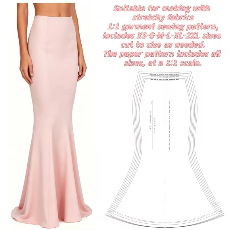 High-Waist Bodycon Butt-Flattering Fishtail Half-Length Skirt, Garment 1:1 Sewing Pattern, Easy And Easy to Learn