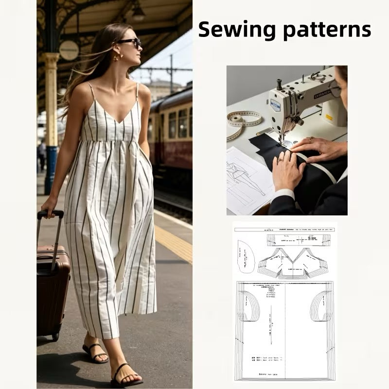 Women'S Striped Maxi Dress Sewing Pattern, Spaghetti Strap V Neck Casual Summer Sundress with Pockets, Sizes XS-3XL, Hand Sewing Template for Fabric Projects