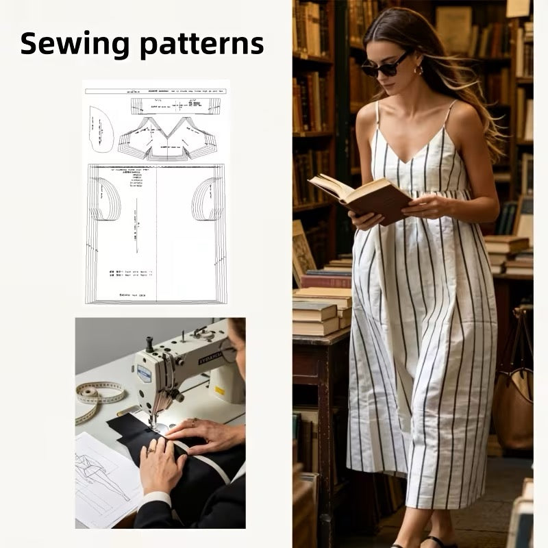 Women'S Striped Maxi Dress Sewing Pattern, Spaghetti Strap V Neck Casual Summer Sundress with Pockets, Sizes XS-3XL, Hand Sewing Template for Fabric Projects