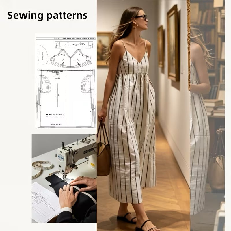 Women'S Striped Maxi Dress Sewing Pattern, Spaghetti Strap V Neck Casual Summer Sundress with Pockets, Sizes XS-3XL, Hand Sewing Template for Fabric Projects